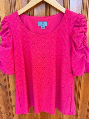 CeCe Fuchsia Eyelet Puff Sleeve Top